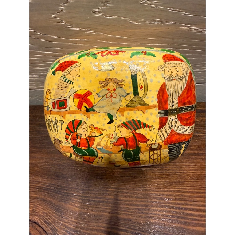 Vintage Style Hand Painted Christmas Paper Mache Trinket Box Santa Elves India